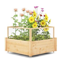 Costway Wooden Elevated Planter Box Square Raised Garden Bed with Fence in Natural - thumbnail 1