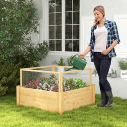 Costway Wooden Elevated Planter Box Square Raised Garden Bed with Fence in Natural - thumbnail 2