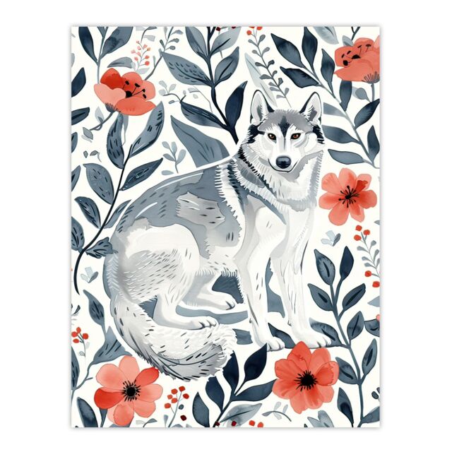 "Artery8 Siberian Husky in Poppy Flower Pattern Dog Lover Wall Art Print in Blue - Size: W18"" x H24""" - image 1