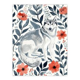 "Artery8 Siberian Husky in Poppy Flower Pattern Dog Lover Wall Art Print in Blue - Size: W18"" x H24""" - thumbnail 1