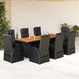 Berkfield Home 9 Piece Garden Dining Set with Cushions Black Poly Rattan - thumbnail 1