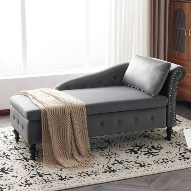 BTM Velvet Chaise Lounge with Storage & Pillow, Right Armrest in Grey - Size: 1 Pack - image 1