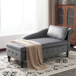 BTM Velvet Chaise Lounge with Storage & Pillow, Right Armrest in Grey - Size: 1 Pack - thumbnail 5