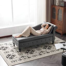 BTM Velvet Chaise Lounge with Storage & Pillow, Right Armrest in Grey - Size: 1 Pack - thumbnail 3