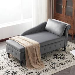 BTM Velvet Chaise Lounge with Storage & Pillow, Right Armrest in Grey - Size: 1 Pack - thumbnail 6