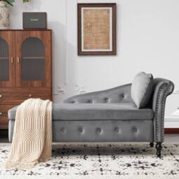 BTM Velvet Chaise Lounge with Storage & Pillow, Right Armrest in Grey - Size: 1 Pack - thumbnail 4