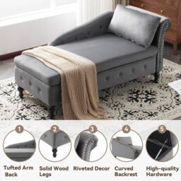BTM Velvet Chaise Lounge with Storage & Pillow, Right Armrest in Grey - Size: 1 Pack - thumbnail 9