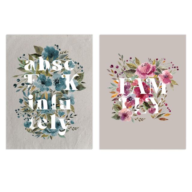 Artery8 Wall Art Print Pack of 2 A4 Family Boho Flowers & Typography Floral Pink & Blues Modern Living Room s Set - image 1