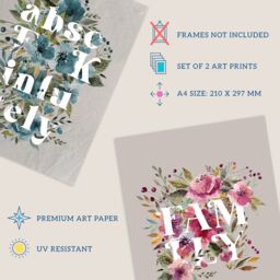 Artery8 Wall Art Print Pack of 2 A4 Family Boho Flowers & Typography Floral Pink & Blues Modern Living Room s Set - thumbnail 4