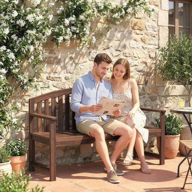 OUTSUNNY 2 Person Garden Bench, Wooden Outdoor Furniture with Armrest in Brown - image 1