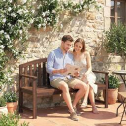 OUTSUNNY 2 Person Garden Bench, Wooden Outdoor Furniture with Armrest in Brown - thumbnail 1