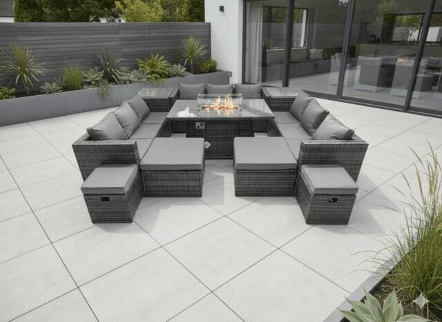 Fimous Rattan Garden Furniture Firepit Dining Set 13 Seater Lounge Sofa Table Set with 4 Footstools 2 Side Tables in Dark Grey - image 1