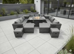 Fimous Rattan Garden Furniture Firepit Dining Set 13 Seater Lounge Sofa Table Set with 4 Footstools 2 Side Tables in Dark Grey - thumbnail 1
