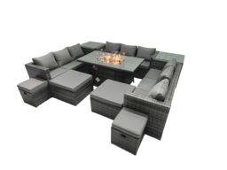 Fimous Rattan Garden Furniture Firepit Dining Set 13 Seater Lounge Sofa Table Set with 4 Footstools 2 Side Tables in Dark Grey - thumbnail 2