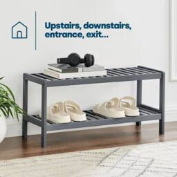 NESTLUNE Grey Bamboo 2 Tier Shoe Rack Storage Bench Hallway - Size: 100 cm x 15 cm - thumbnail 5