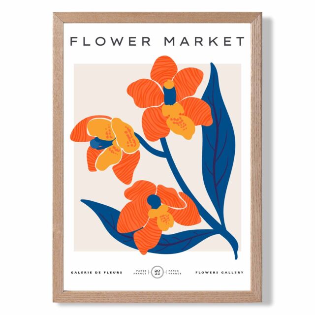 ARTZE Orange & Blue Wildflower Flower Market Exhibition Framed Print SIZE: A2 with Oak Frame - Size: A4 - image 1