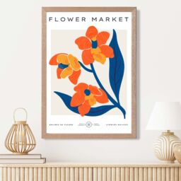 ARTZE Orange & Blue Wildflower Flower Market Exhibition Framed Print SIZE: A2 with Oak Frame - Size: A4 - thumbnail 2