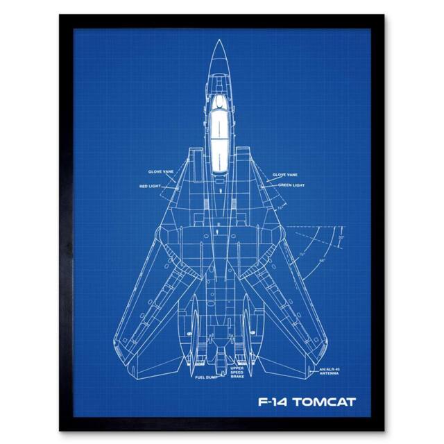 "Artery8 F-14 Tomcat US Fighter Aircraft Blue Plan Framed Art Print - Size: W12"" x H16""" - image 1