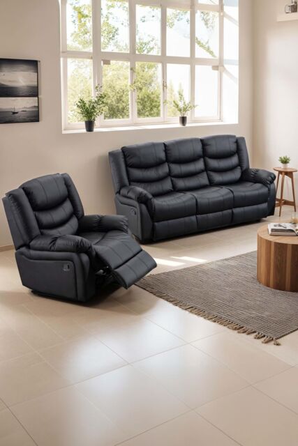 More4Homes Seattle Manual Recliner Bonded Leather 1+3 Seater Sofa Set in Black - image 1