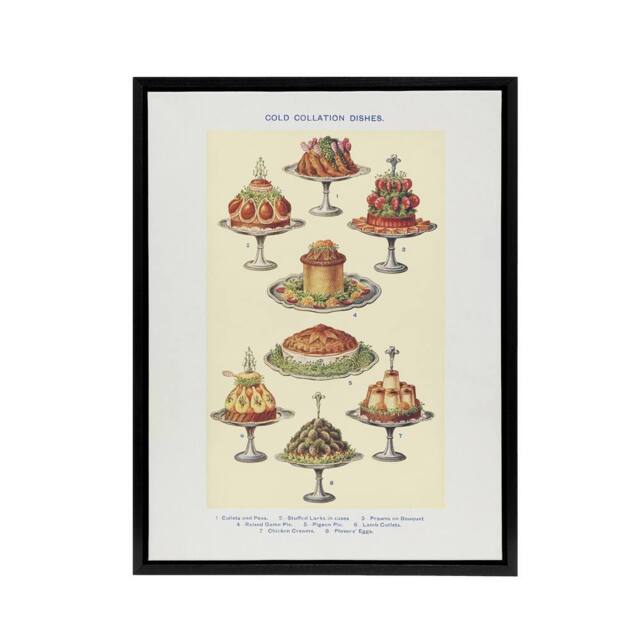 "Artery8 Cold Collation Dishes Kitchen Decor Mrs Beeton Framed Canvas Wall Art in Yellow - Size: W12"" x H16""" - image 1