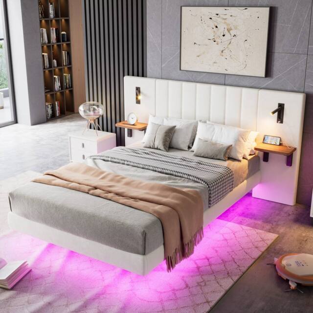 Merax Double Floating Bed Frame with Extended LED Headboard & Reading Lights in White - image 1