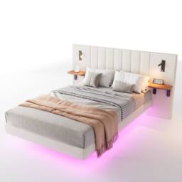 Merax Double Floating Bed Frame with Extended LED Headboard & Reading Lights in White - thumbnail 4
