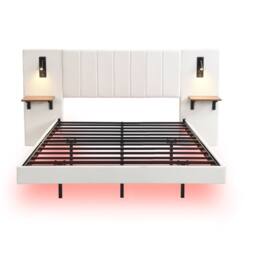 Merax Double Floating Bed Frame with Extended LED Headboard & Reading Lights in White - thumbnail 5