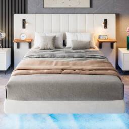 Merax Double Floating Bed Frame with Extended LED Headboard & Reading Lights in White - thumbnail 3