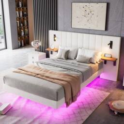 Merax Double Floating Bed Frame with Extended LED Headboard & Reading Lights in White - thumbnail 1