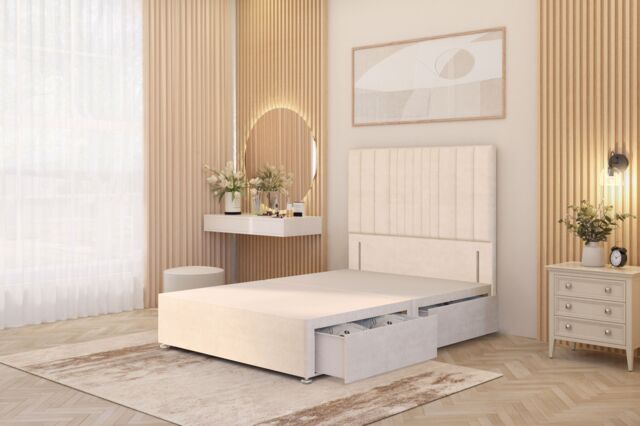 Somnior Alexas Divan 2 Draw Bed Base with Floor Standing Headboard Plush Velvet in Ivory - Size: Single - image 1