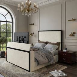 KDMD Adisham Upholstered Electric Media Black & Cream White TV Bed Frame - Size: Small Double
