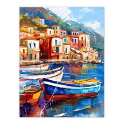 "Artery8 Colourful Fishing Village Oil Painting Harbour Wall Art Print in Blue - Size: W18"" x H24""" - thumbnail 1