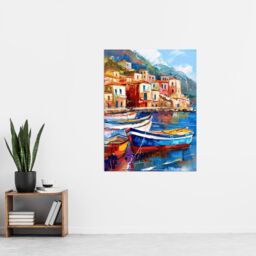 "Artery8 Colourful Fishing Village Oil Painting Harbour Wall Art Print in Blue - Size: W18"" x H24""" - thumbnail 4