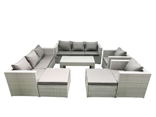 Fimous Outdoor Garden Furniture Rattan Sofa Set with 2 Armchairs Oblong Coffee Table 2 Big Footstools Light Grey Mixed - image 1