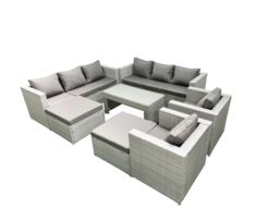 Fimous Outdoor Garden Furniture Rattan Sofa Set with 2 Armchairs Oblong Coffee Table 2 Big Footstools Light Grey Mixed - thumbnail 2