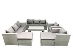 Fimous Outdoor Garden Furniture Rattan Sofa Set with 2 Armchairs Oblong Coffee Table 2 Big Footstools Light Grey Mixed - thumbnail 1