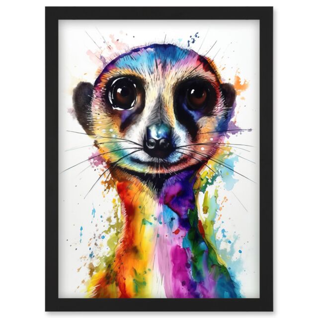 Artery8 Meerkat Splash Paint Watercolour Painting Artwork Framed Wall Art Print A4 in Black - image 1