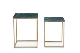 Orsina Marble Top Green Set of 2 Side Table, Open Design Frame Bedside Table, Square End Table for Living Room
