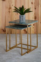Orsina Marble Top Green Set of 2 Side Table, Open Design Frame Bedside Table, Square End Table for Living Room - thumbnail 2