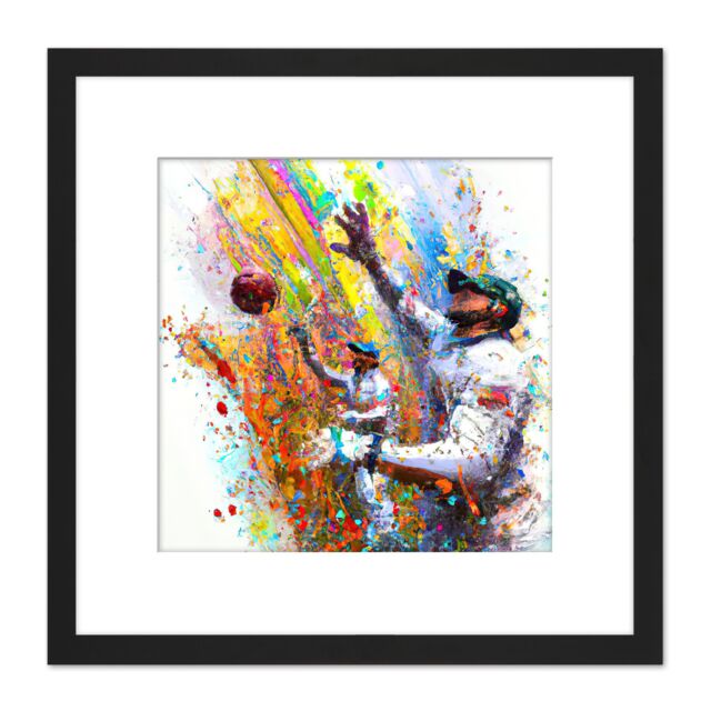 Artery8 Vibrant Cricket Fielders Sports Ball Oil Splatter Painting Square Wooden Framed Wall Art Print Picture 8X8 Inch in Black - image 1