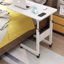 EONLION Height Adjustable Mobile Overbed Laptop Desk Stand in White - Size: 100 cm
