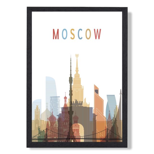 ARTZE Moscow Colourful City Skyline Framed Print SIZE: A4 with Black Frame in Pale Blue - image 1