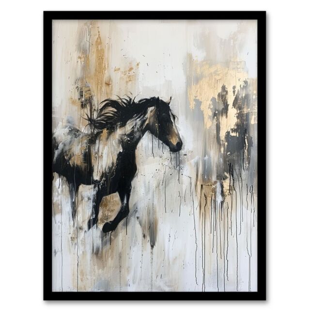 "Artery8 Wild Horse Fantasy Black Gold Bright Oil Painting Framed Art Print in Grey - Size: W12"" x H16""" - image 1