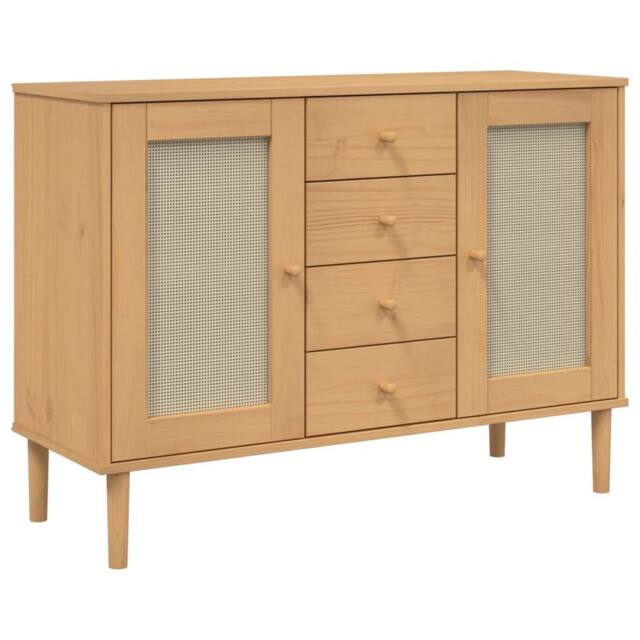 Berkfield Home Sideboard SENJA Rattan Look Brown 112x40x80 cm Solid Wood Pine in Light Tan - Size: 112 x 40 x 80 cm - image 1