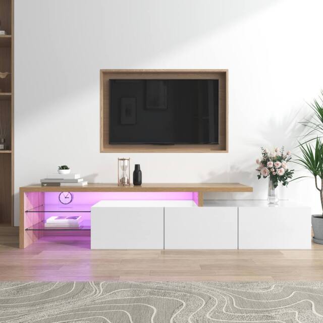 ModernLuxe Modern TV cabinet with glass shelves, LED lighting & doors in White - image 1