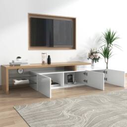 ModernLuxe Modern TV cabinet with glass shelves, LED lighting & doors in White - thumbnail 2