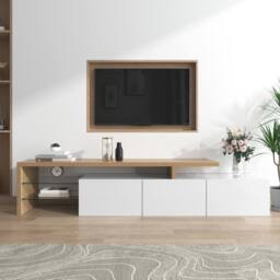 ModernLuxe Modern TV cabinet with glass shelves, LED lighting & doors in White - thumbnail 7