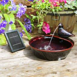 Primrose Bird Bowl Water Feature Fountain Waterfall Solar Red Glazed Ceramic in Black