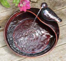 Primrose Bird Bowl Water Feature Fountain Waterfall Solar Red Glazed Ceramic in Black - thumbnail 3