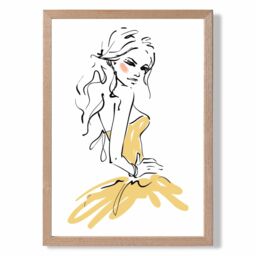 ARTZE Fashion Pen & Ink Sketch Framed Print SIZE: A2 with Oak Frame in Yellow - Size: A4